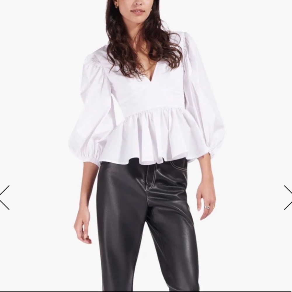 STAUD White V-Neck Peplum Puff Sleeve Blouse